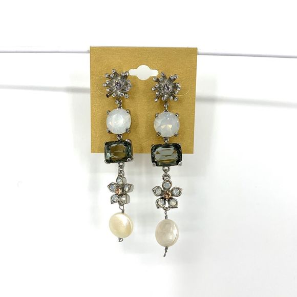 Badgley Mischka Tier Drop Crystal Pearl Earrings As is* - Picture 1 of 7